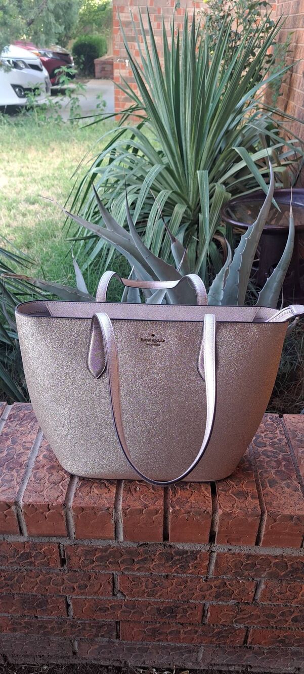 Kate Spade New York Joeley Rose Gold Glitter Pink Large Zip Top Tote Bag